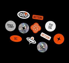 an array of various badges and stickers on a black background with the words action