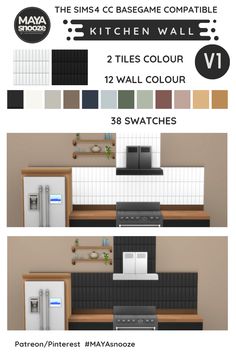 the kitchen wall color scheme is shown in three different colors, including black and white