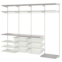 a white shelf with several bins and shelves on each side, in front of a white background