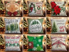 twelve christmas pillow covers with holiday sayings and poinsettis on them, all in different styles