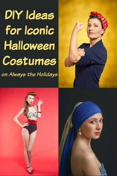 three different pictures with the words diy ideas for iconic halloween costumes on them and an image of a woman wearing a bandana