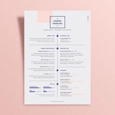 a simple resume template with blue accents on the front and bottom, along with a pink background