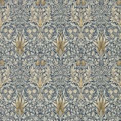 a blue and white wallpaper with gold leaves on the bottom, in an ornate pattern