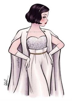 a drawing of a woman in a white dress and cape with her hands on her hips