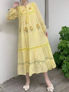 DETAILS: Please refer size chart before choosing O-neck Mid-calf length Long sleeve. Modest basics are available Right Here SIZE CHART: Size M-L-US(12)-Bust: 38"-39" Waist: 39" Length: 45" Sleeve: 23" Shoulder: 14.5" Boho Midi Dress, Yellow Midi Dress, Embroidery Cotton, Blue Midi Dress, Retro Floral, Summer Cotton, Cotton Dress, Cotton Dresses, Mid Calf