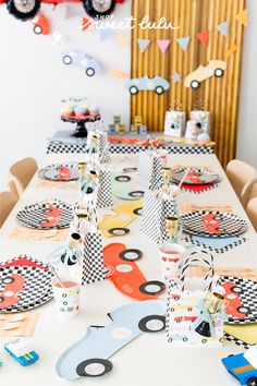 race car party Meri Meri Car Party, Race Car Birthday Party Table Ideas, Meri Meri Race Car Party, Checker Birthday Party, Fast One Table Decor, Race Cars Birthday Party Ideas, Vintage Car Birthday Party Decor, Racecar Party Food Ideas, Muted Race Car Birthday