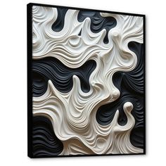 an abstract black and white wall art piece on canvas, with wavy lines in the background