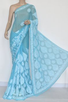 Pherozi Blue Hand Embroidered Lucknowi Chikankari Saree (with Blouse - Georgette) 14573 Shadow Stitch, Lucknowi Chikankari Saree, Stitch Saree, Chikankari Saree, Lucknowi Chikankari, Kota Sarees, Diy Scarf, Buy Sarees Online, Saree Shopping