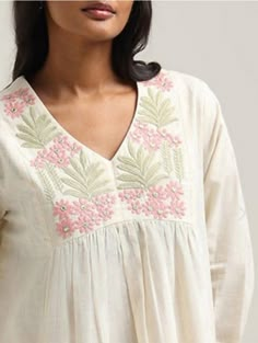 Narayanpet Dress, Tunics Design, Churi Design, White Hand Embroidery, Stylish Kurtis Design, Flower Machine Embroidery Designs, Kurta Patterns, Girls Dresses Sewing, Neck Designs For Suits