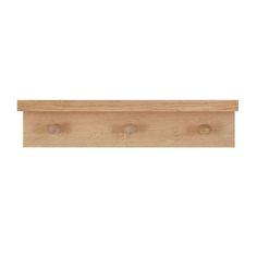 the wooden shelf has three knobs on each side and is made out of wood