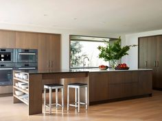 a kitchen with an island and two stools