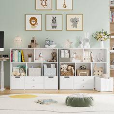 a living room filled with lots of furniture and pictures on the wall above it's bookshelf