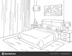 black and white line drawing of a bedroom with a bed, nightstands and lamps