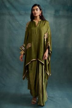 Olive green asymmetric kaftan with mirror, thread, gota and fringe lace embroidered block print motifs. - Aza Fashions Green Kaftan, Gota Embroidery, Kaftan Women, Kaftan For Women, Embroidered Kaftan, Draped Skirt, Long Skirts For Women, Skirts Online, Green Skirt