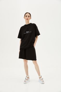 Oversized unisex t-shirt combines comfort and style. The soft and breathable cotton material ensures all-day comfort, while the oversized fit gives relaxed look. The t-shirt also features a unique print in PERSONALITY edition. The minimalist design is both modern and versatile, making it a great addition to any wardrobe. Blends perfectly with pants, leggings and cycle shorts of ALMZV collection. Materials: three thread 80% cotton, 20% polyester Model woman wears: M sizeModels height: 175 cm Mode Black Athleisure T-shirt For Loungewear, Oversized Logo Print T-shirt For Loungewear, Black Oversized Athleisure T-shirt, Trendy Black T-shirt For Loungewear, Black Graphic Print T-shirt For Loungewear, Black Graphic Tee For Loungewear, Sporty Black Boxy Fit T-shirt, Boxy Fit Graphic T-shirt Athleisure Style, Basic Black T-shirt For Loungewear