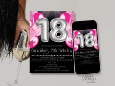 Say Hello 18 with this sparkling black, pink and silver 18th birthday invitation for her. PRINT OR SEND AS TEXT OR EMAIL! Need a different age that's not yet listed? Send me a message! The silver foil number birthday balloons & background are not editable.  ☀️ OTHER AGES & MATCHING ITEMS IN THIS THEME: https://www.etsy.com/shop/summermangocreative/?search_query=PSB ☀️ OTHER BIRTHDAY BALLOON TEMPLATES: https://www.etsy.com/shop/summermangocreative/?search_query=BALLOONS You can easily & quickly p Pink 18th Birthday Party, Pink 18th Birthday, 18th Birthday Invitation, Balloons Background, Hot Pink Birthday, Balloon Template, Balloon Background, Birthday Party Invite, 18th Birthday Party