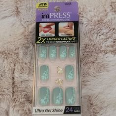 Medium Length Green Press On Nails With Floral Design From Impress Last One Nails With Floral Design, Nails Color Green, Impress Nails Press On, Green Press On Nails, Fake Toenails, Silver Glitter Nails, Impress Nails, Dark Nails, Nail Manicure