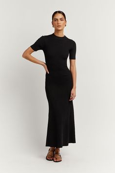 DONNA BLACK SLEEVED MIDI DRESS | Dissh Black Is The New Black, Black Bridesmaid, Black Linen Pants, Velvet Dress Long, Black Bridesmaids, Love Shack Fancy, Short Sleeve Midi Dress, Cinq A Sept, Rib Knit Cardigan