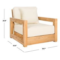 a wooden chair with white cushions and measurements