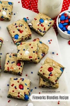 patriotic brownies with red, white and blue sprinkles on a plate