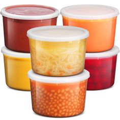 four plastic containers filled with food on top of each other in different colors and sizes