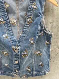 Driftwood Provence Vest Denim Sewing Projects Clothes, Cottage Fits, Neutral Country Outfit, Embroidered Denim Vest Outfit, Dream Thrift Finds, Denim Vest Pattern, Vest Jeans, Vest Denim, Beaded Vest