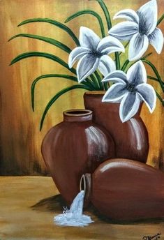 a painting of white flowers in a brown vase with water coming out of the bottom