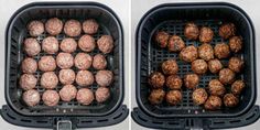 two pictures of meatballs being cooked in an air fryer, and the same image is taken from above