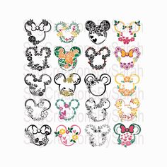 mickey mouse ears with flowers and butterflies on them, all in different colors or shapes