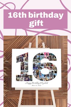 a birthday card with the number sixteen on it, and photos in purple are displayed