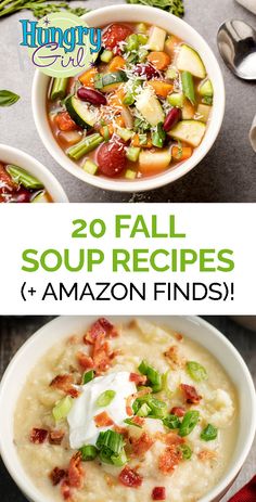 two bowls filled with soup and the words 20 fall soup recipes for amazon finders