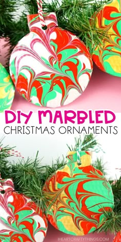 diy marbled christmas ornaments with text overlay that says diy marbled christmas ornaments