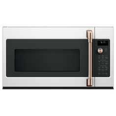 a white and black microwave with a gold handle