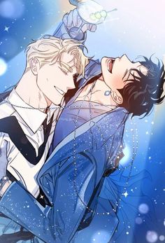 two men in suits and ties are kissing under the stars on a blue sky background