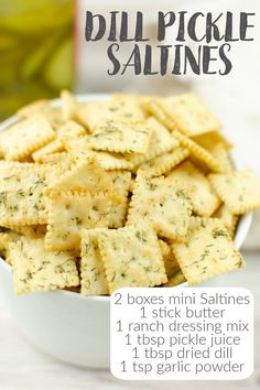 homemade dill pickle saltine crackers in a white bowl with text overlay