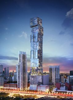 an artist's rendering of a tall skyscraper in the city