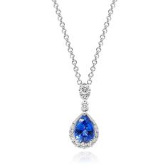 14K White Gold Regal Drop Sapphire Necklace. An elegant and classic piece that will be passed down through generations. This vibrant sapphire and diamond drop shaped pendant will elevate your evening look. Evening Look, Necklace Design, Diamond Drops, Sapphire Necklace, Gold Pendant Necklace, Necklace Designs, Gemstone Necklace, Pendant Jewelry, Blue Sapphire