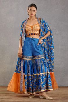 Shop for Torani Blue Slub Silk Rang Shyam Husn Jacket Sharara Set for Women Online at Aza Fashions Sharara Jacket, Jacket Sharara, Printed Sharara, Persian Blue, Traditional Indian Outfits, Sharara Set, Pattern Embroidery, Indian Fashion Designers, Orange Fabric