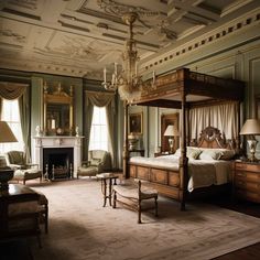 a bedroom with a canopy bed, fireplace and chandelier in the middle of it