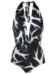 black/white stretch-design abstract pattern print plunge style halterneck tie fastening low back Be mindful to try on swimwear over your own garments. Edgy Glam, Halter Neck Swimsuit, Swimsuit Black, Be Mindful, Yoko London, City Dress, Summer Beach Wear, Black Swimsuit, Low Back