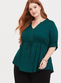 Plus Size Green Stretch Challis Zip Front Babydoll Tunic, BOTANICAL GREEN Plus Size Fashion For Women Summer, Challis Fabric, Clothes Outfit, Hourglass Shape, Cute Blouses, Women Tunic Tops, Plus Size Fashion For Women, Casual Work, Plus Size Blouses