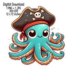 an octopus with a pirate hat on it's head is shown in this digital file