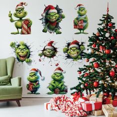 the grinch christmas wall decals are on display in this room with presents and gifts