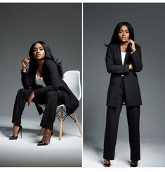 two photos of a woman in black sitting on a chair and posing for the camera