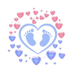 two baby feet are surrounded by hearts