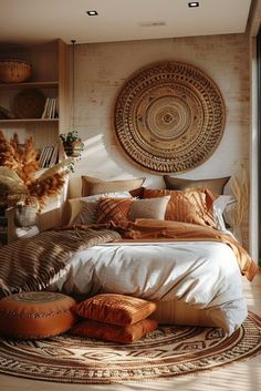 a large bed sitting in a bedroom on top of a wooden floor next to a window