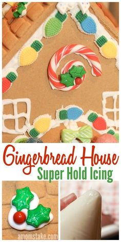 gingerbread house with candy canes and icing on top, in the process of being made