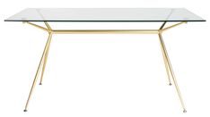 a glass table with gold legs on a white background