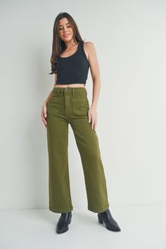 DescriptionThe Raley Army Green Patch Pocket Wide Leg Jeans feature: Stretch denim material Zip fly with button closure High rise: 12" Ankle to Full length depending on your height: 28" inseam Leg opening: 10.5" Made in the USA FitTrue to size, slight stretch. Model is wearing a size 26. Material96% Cotton, 3% Elasterell-P 1% Spandex Effortless Chic, Wide Leg Denim, In The Fall, Wide Leg Jeans, Denim Women, Black Denim, Army Green, Stretch Denim, Lay Flat