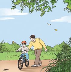 a man teaching a boy how to ride a bike on a path in the park